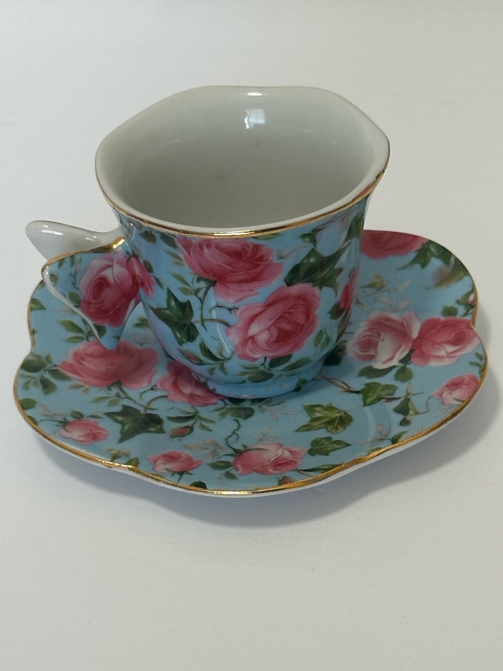Floral Rose Teacup and Saucer - Blue Pink Gold Trim